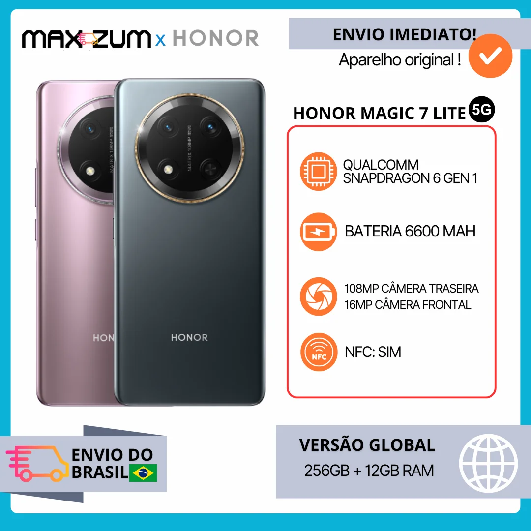 Honor Magic 7 Lite 5G 256GB+12GB RAM, Câmera 108MP, Processador Snapdragon 6 Gen 1,Versão Global , Bateria 6600mAh ﻿