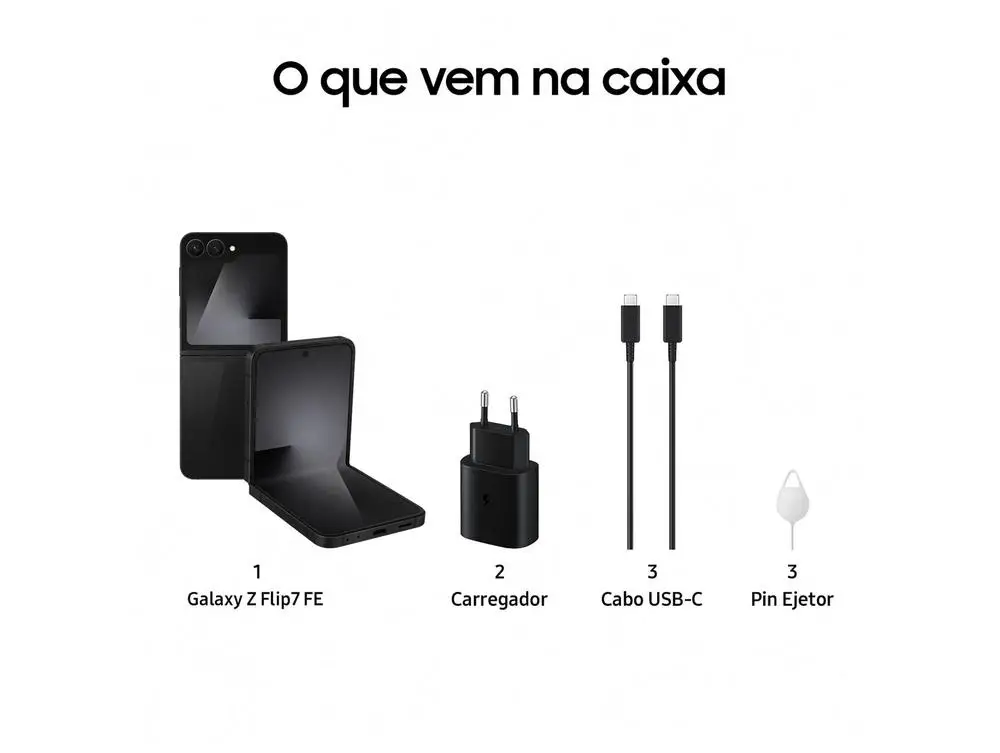 Smartphone Samsung Galaxy Z Flip7 FE 128GB Preto 5G 8GB RAM Tela 6,7″ Câm. Dupla + Selfie 10MP