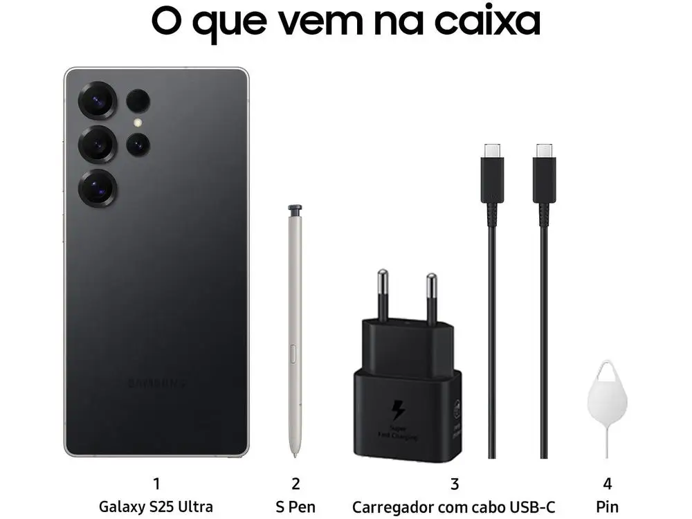 Samsung Galaxy S25 Ultra 5G 256GB Galaxy AI Titânio Preto 6,9″ 12GB RAM Câm. Quádrupla 200+50+10+50MP Bateria 5000mAh Dual Chip