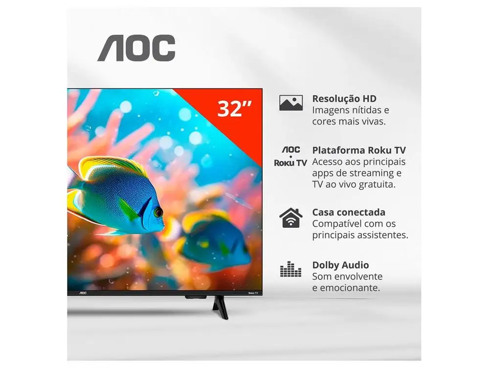 Smart TV 32″ AOC HD DLED Série 5155 32S5155/78G Roku TV 2025