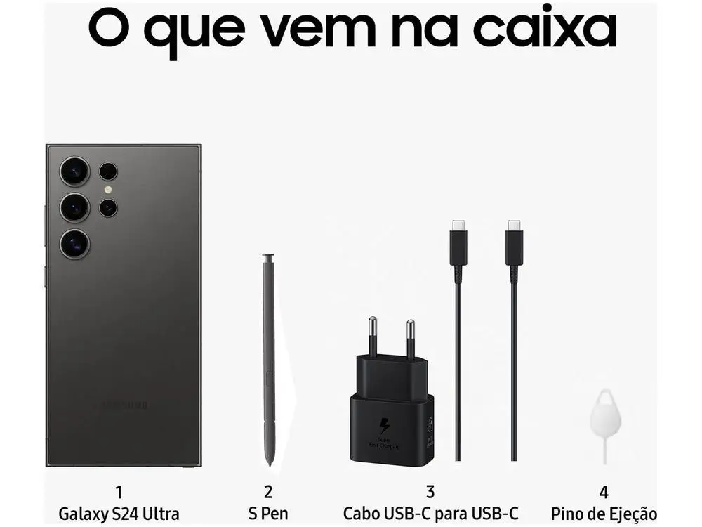 Smartphone Samsung Galaxy S24 Ultra 6,8″ Galaxy AI 256GB Titânio Preto 5G 12GB RAM Câm. Quádrupla 200MP + Selfie 12MP 5000mAh