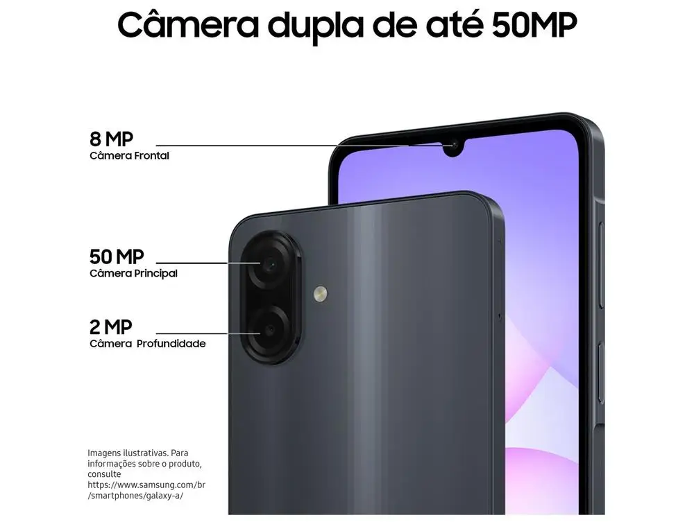 Smartphone Samsung A07 256GB Preto 8GB RAM Tela 6,7″ Câm. Dupla + Selfie 8MP