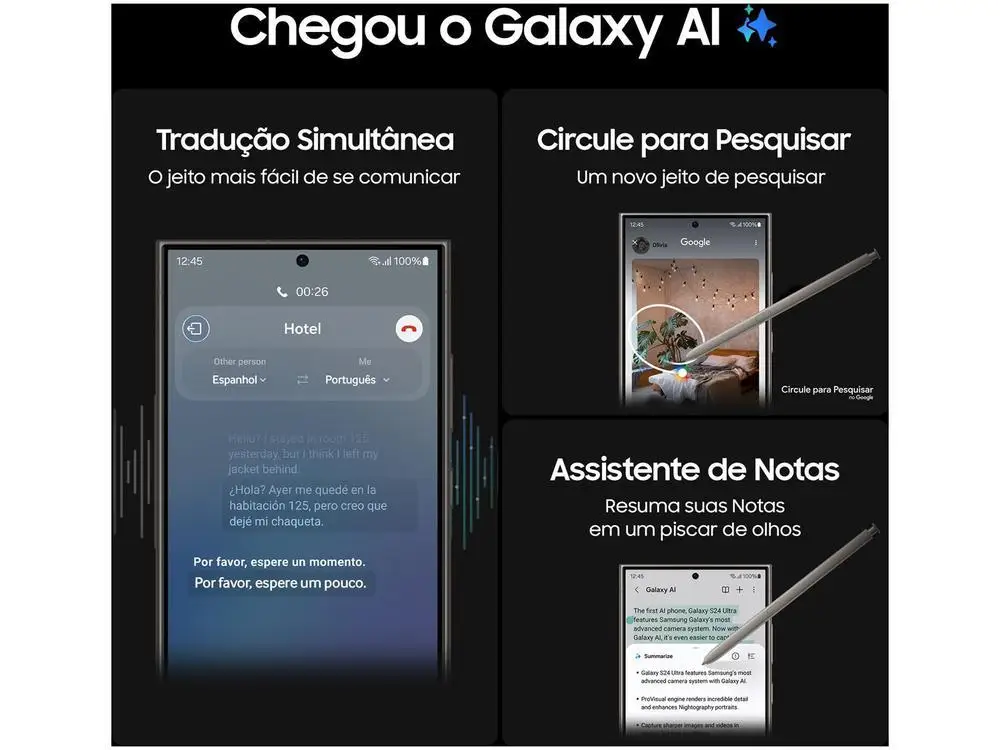 Smartphone Samsung Galaxy S24 Ultra 6,8″ Galaxy AI 256GB Titânio Preto 5G 12GB RAM Câm. Quádrupla 200MP + Selfie 12MP 5000mAh