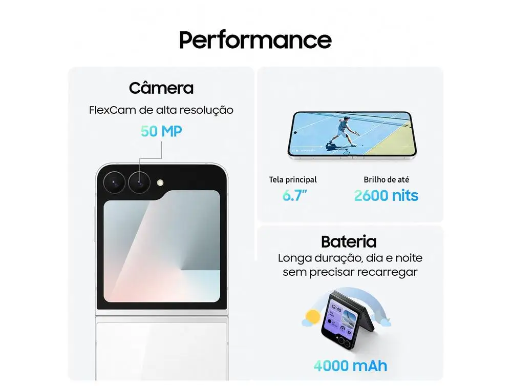 Smartphone Samsung Galaxy Z Flip7 FE 128GB Preto 5G 8GB RAM Tela 6,7″ Câm. Dupla + Selfie 10MP